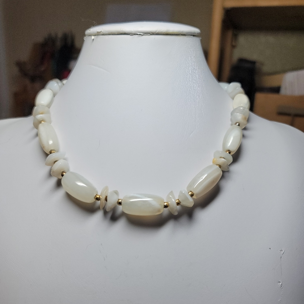 Vintage Necklace, Brass and White Beads, Excellent Condition